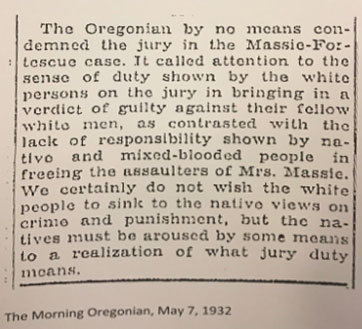 Court exhibit: a newspaper clipping from The Morning Oregonian dated May 7, 1932, discusses a jury with the author claiming that Native and 'mixed-blood' peoples showed a lack of responsibility in a recent verdict