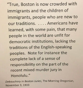Court exhibit: a newspaper clipping from The Morning Oregonian dated November 3, 1933, discusses juries with the author claiming that 'many people in the world are unfit for democratic institutions, lacking the traditions of the English-speaking peoples.'