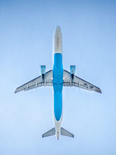 A jet in flight directly overhead