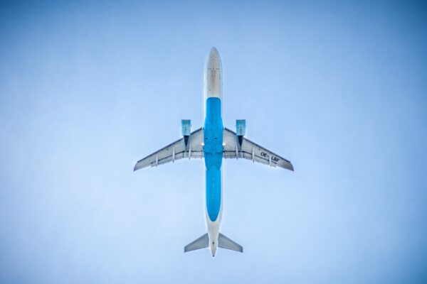 A jet in flight directly overhead