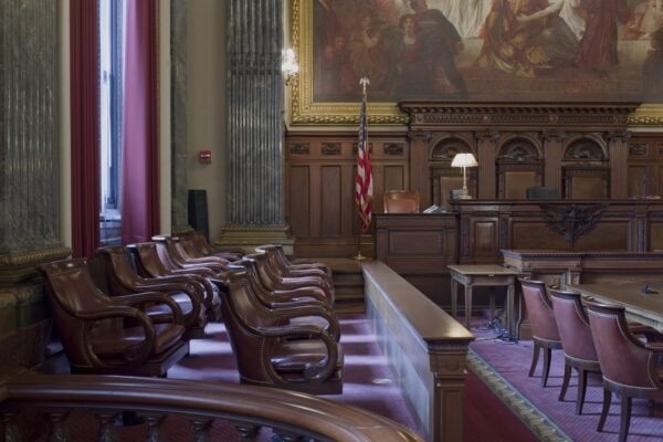 Jury box in a stately courtroom