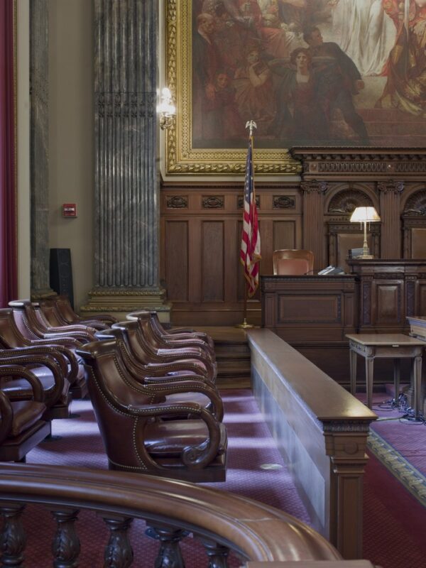 Jury box in a stately courtroom