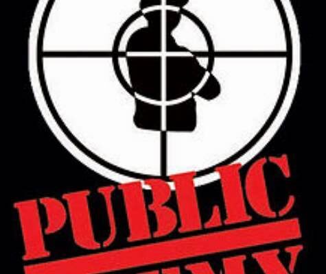 Logo for band Public Enemy, an illustration of a police officer in crosshairs