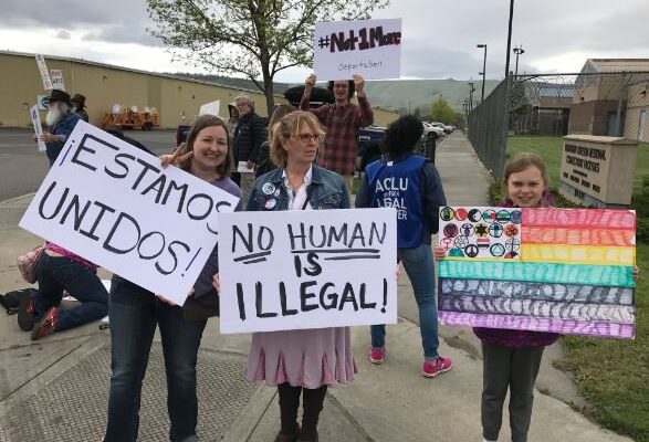 Gorge Ice Resistance protesters holding signs outside of NORCOR
