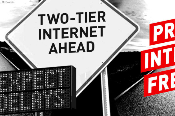 signs that say "expect delays" "two-tier internet ahead" "protect internet freedom"