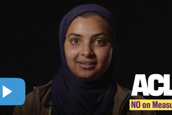 video still of woman and the words "No on Measure 105" "ACLU"