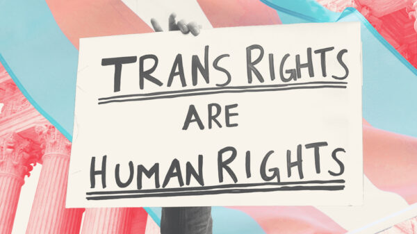 Styled graphic with hand holding sign that says "Trans Rights are Human Rights"