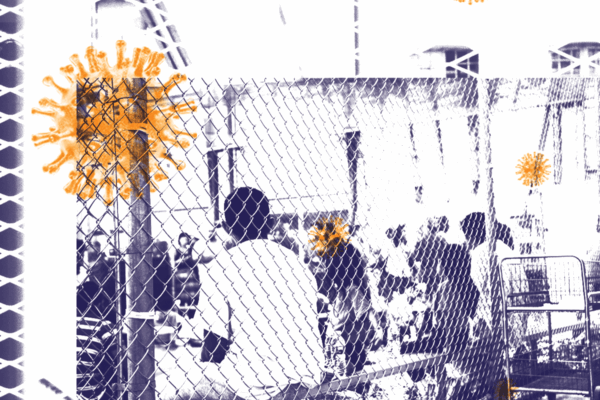 stylized image of people behind a fence in detention