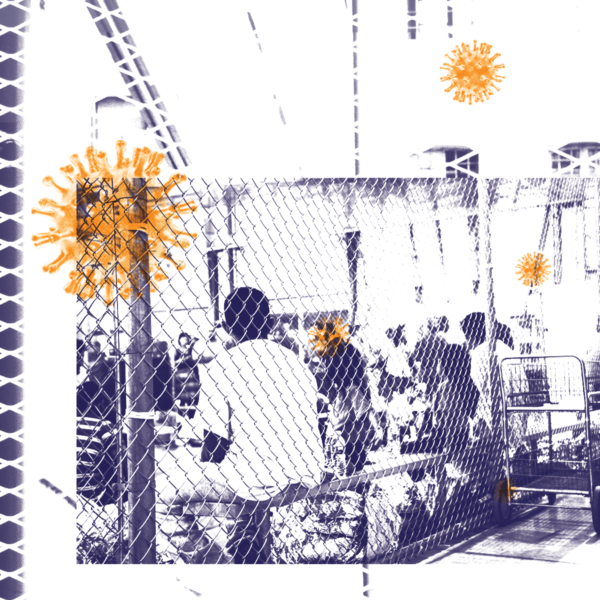 stylized image of people behind a fence in detention