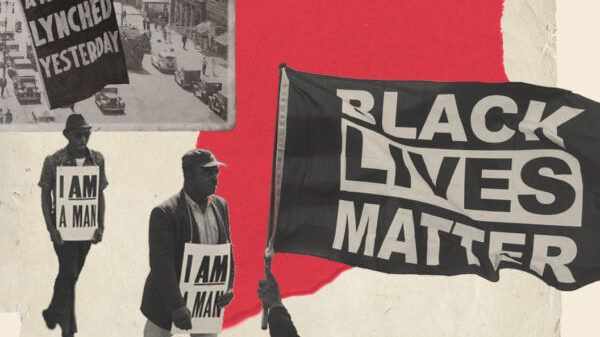 images of protesters with I am a Man signs, Black Lives Matter flag, and a flag that says a man was lynched yesterday
