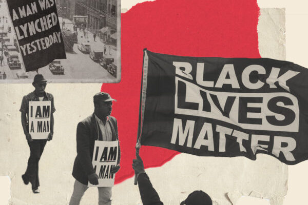 images of protesters with I am a Man signs, Black Lives Matter flag, and a flag that says a man was lynched yesterday