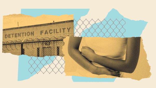 collage graphic with image of a building that says detention facility and a person with their arms crossed over their middle