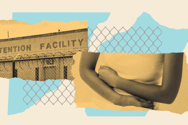collage graphic with image of a building that says detention facility and a person with their arms crossed over their middle