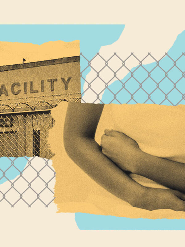 collage graphic with image of a building that says detention facility and a person with their arms crossed over their middle