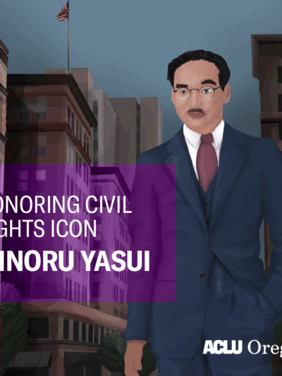 Minoru Yasui illustration with the words "Honoring a Civil Rights Icon Minoru Yasui"