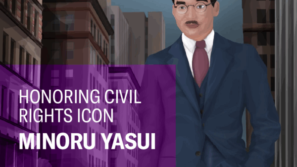Minoru Yasui illustration with the words "Honoring a Civil Rights Icon Minoru Yasui"