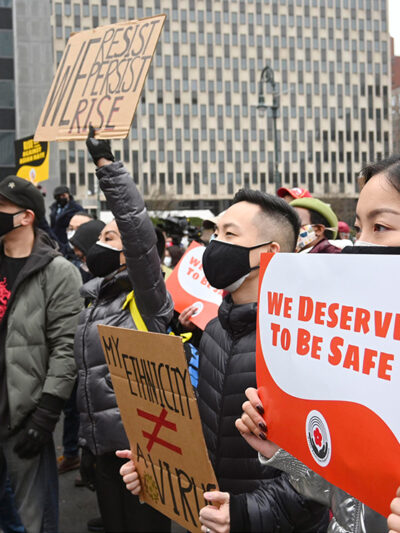 Demonstrators protesting anti-Asian racism.