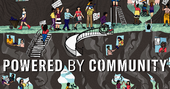 A screenshot of the magazine cover with community members of all different backgrounds and abilities coming together and rallying on a fruit bearing tree