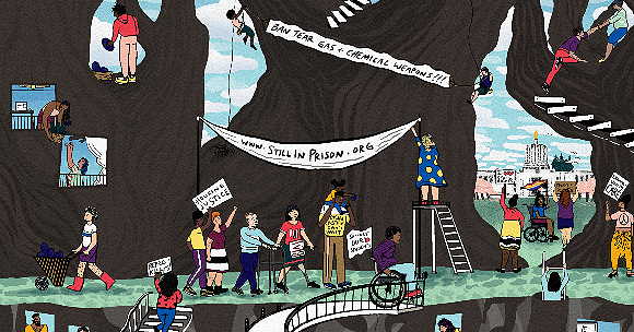 A screenshot of the magazine cover with community members of all different backgrounds and abilities coming together and rallying on a fruit bearing tree