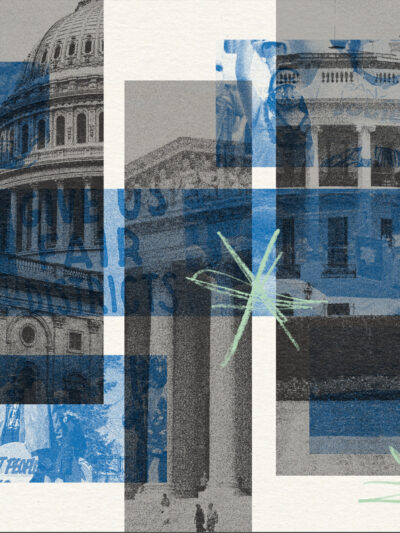 Beige and blue collage of images depicting Congress, the White House, protest moments throughout 2021.