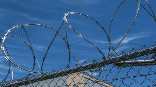 Close up image of a prison fence with barbed wire at the top glinting in the sun