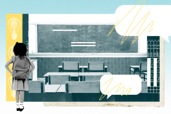 An image depicting a classroom, lightbulbs, thought bubbles, and a child with a backpack.