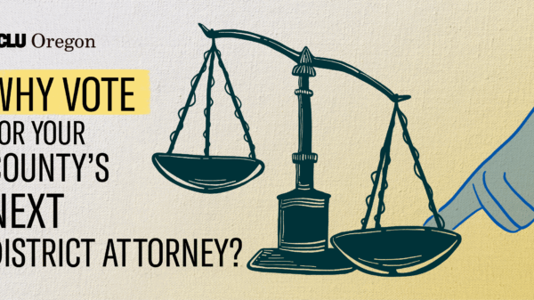 Why vote for your county's next district attorney? Image of a person's hand tipping one side of the scales of law.