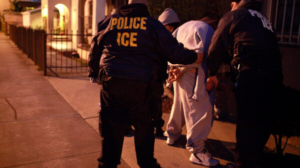 U.S. Immigration and Customs Enforcement (ICE) officers apprehending two men.