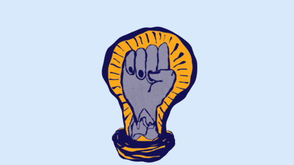 Light blue background with art of a fist in the middle of the photo.