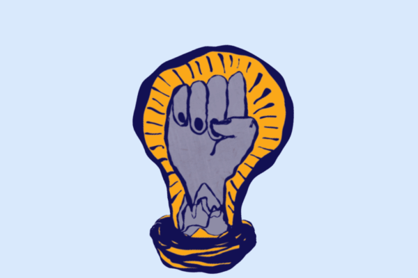 Light blue background with art of a fist in the middle of the photo.