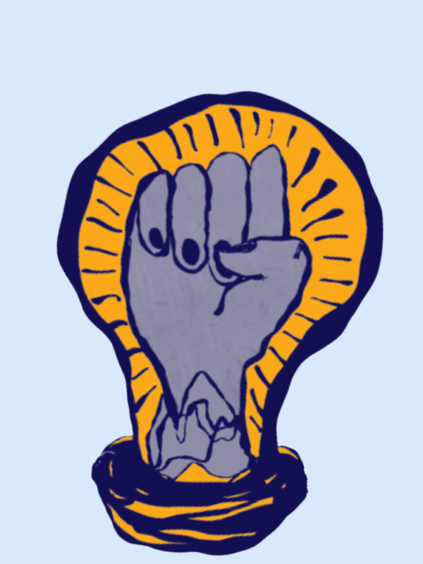 Light blue background with art of a fist in the middle of the photo.