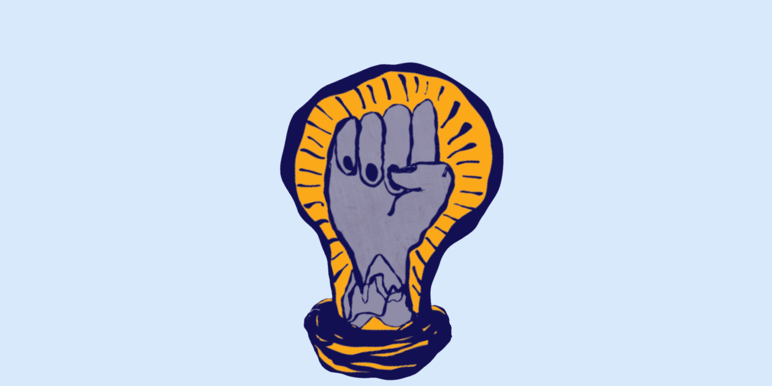 Light blue background with art of a fist in the middle of the photo.
