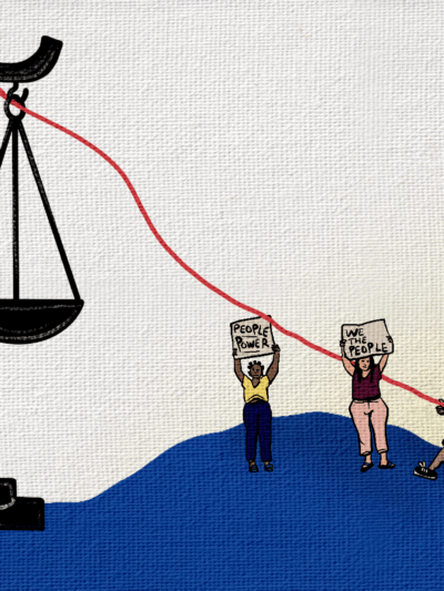 Black justice scales with word reading "qualified immunity" on the left scale on the other side, a diverse group of people are attempting to pull down the right side of scales with a red rope