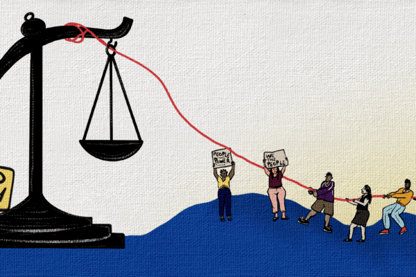 Black justice scales with word reading "qualified immunity" on the left scale on the other side, a diverse group of people are attempting to pull down the right side of scales with a red rope