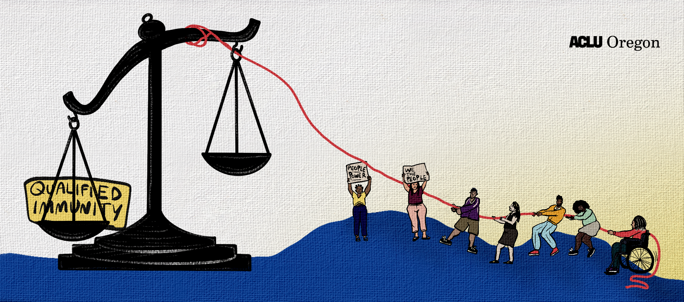 Black justice scales with word reading "qualified immunity" on the left scale on the other side, a diverse group of people are attempting to pull down the right side of scales with a red rope