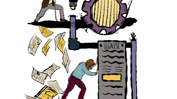 illustrated image of two public defenders pushing against the mechanics of a system. One pulls a rope with all their strength as pages fly everywhere. The other pushes against a solid looking block entitled Legalese.
