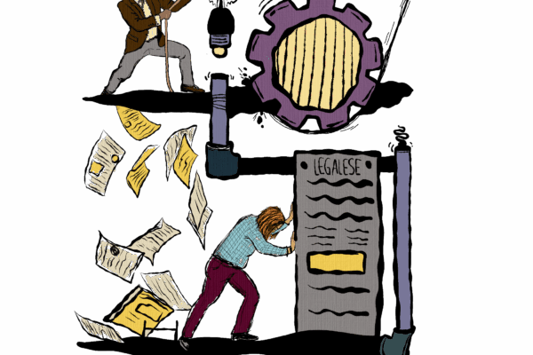 illustrated image of two public defenders pushing against the mechanics of a system. One pulls a rope with all their strength as pages fly everywhere. The other pushes against a solid looking block entitled Legalese.