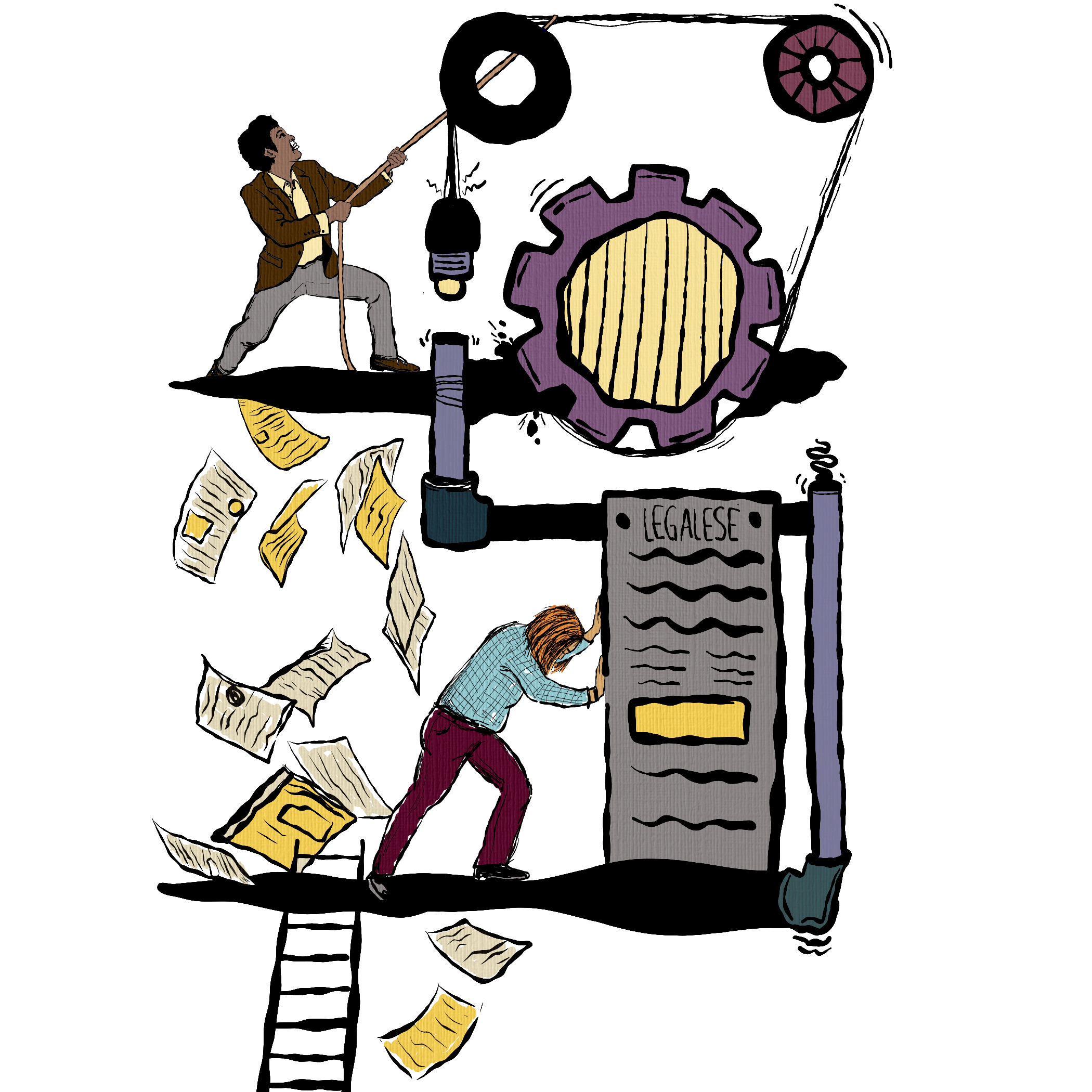 illustrated image of two public defenders pushing against the mechanics of a system. One pulls a rope with all their strength as pages fly everywhere. The other pushes against a solid looking block entitled Legalese.
