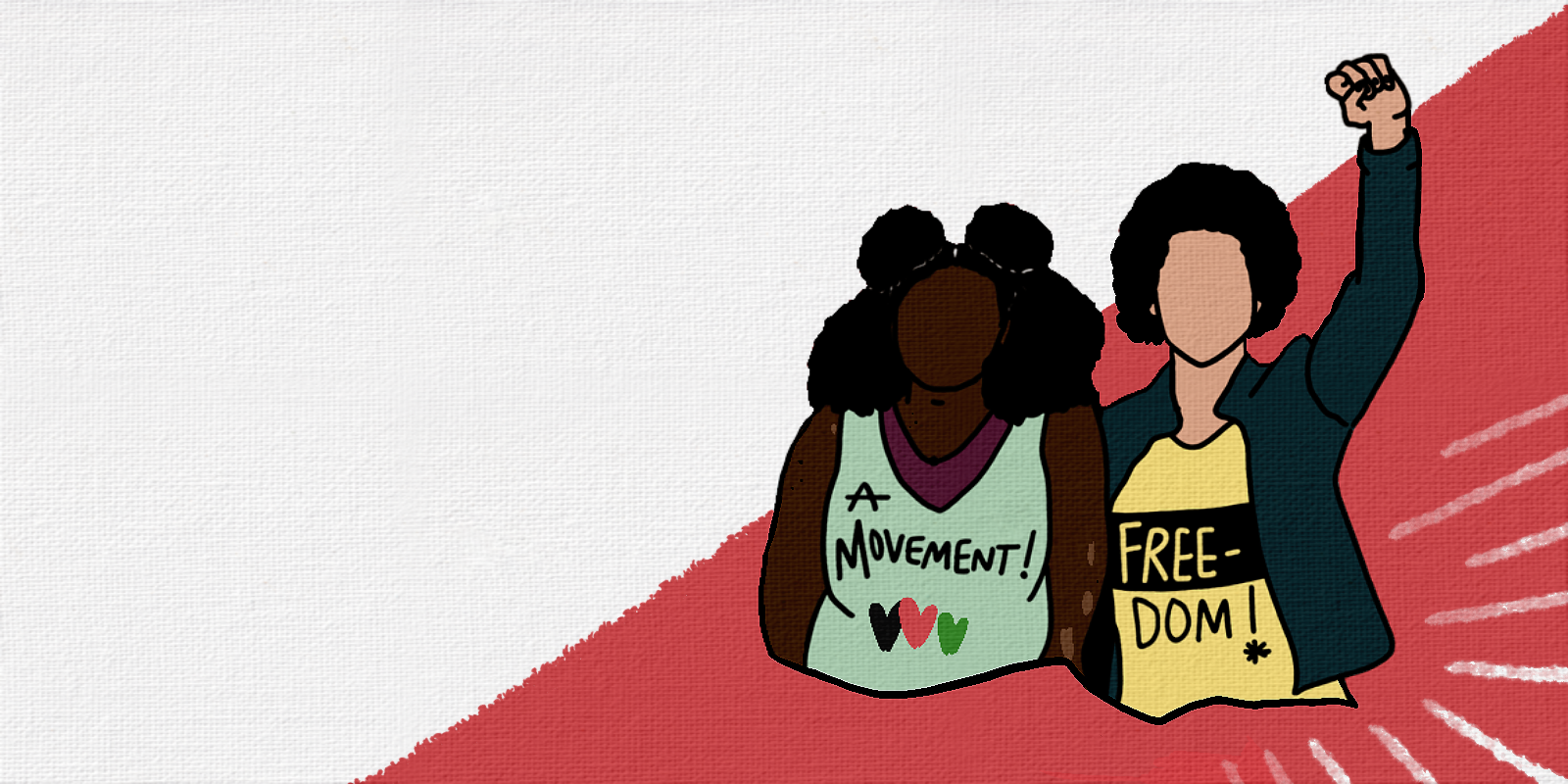 illustrated image of Black people celebrating, shirts that say A Movement! and Freedom!