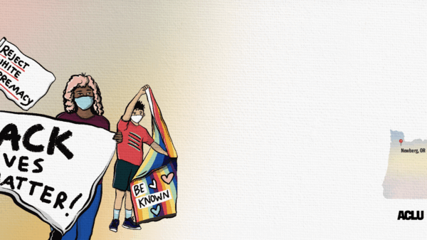 Illustrated protestors, two young people, holding flags saying 'Black Lives Matter!' and a rainbow flag with hearts that says "Be Known". A protestor holds a flag saying "Reject white supremacy"