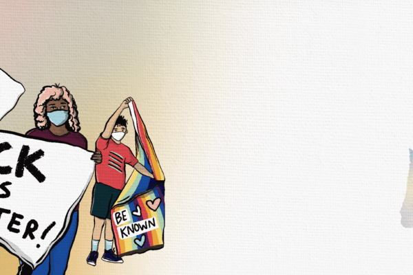 Illustrated protestors, two young people, holding flags saying 'Black Lives Matter!' and a rainbow flag with hearts that says "Be Known". A protestor holds a flag saying "Reject white supremacy"