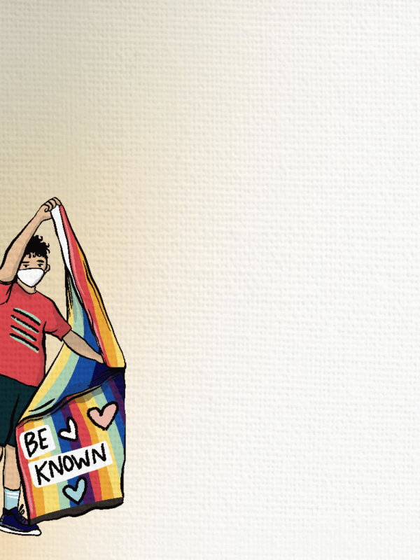 Illustrated protestors, two young people, holding flags saying 'Black Lives Matter!' and a rainbow flag with hearts that says "Be Known". A protestor holds a flag saying "Reject white supremacy"