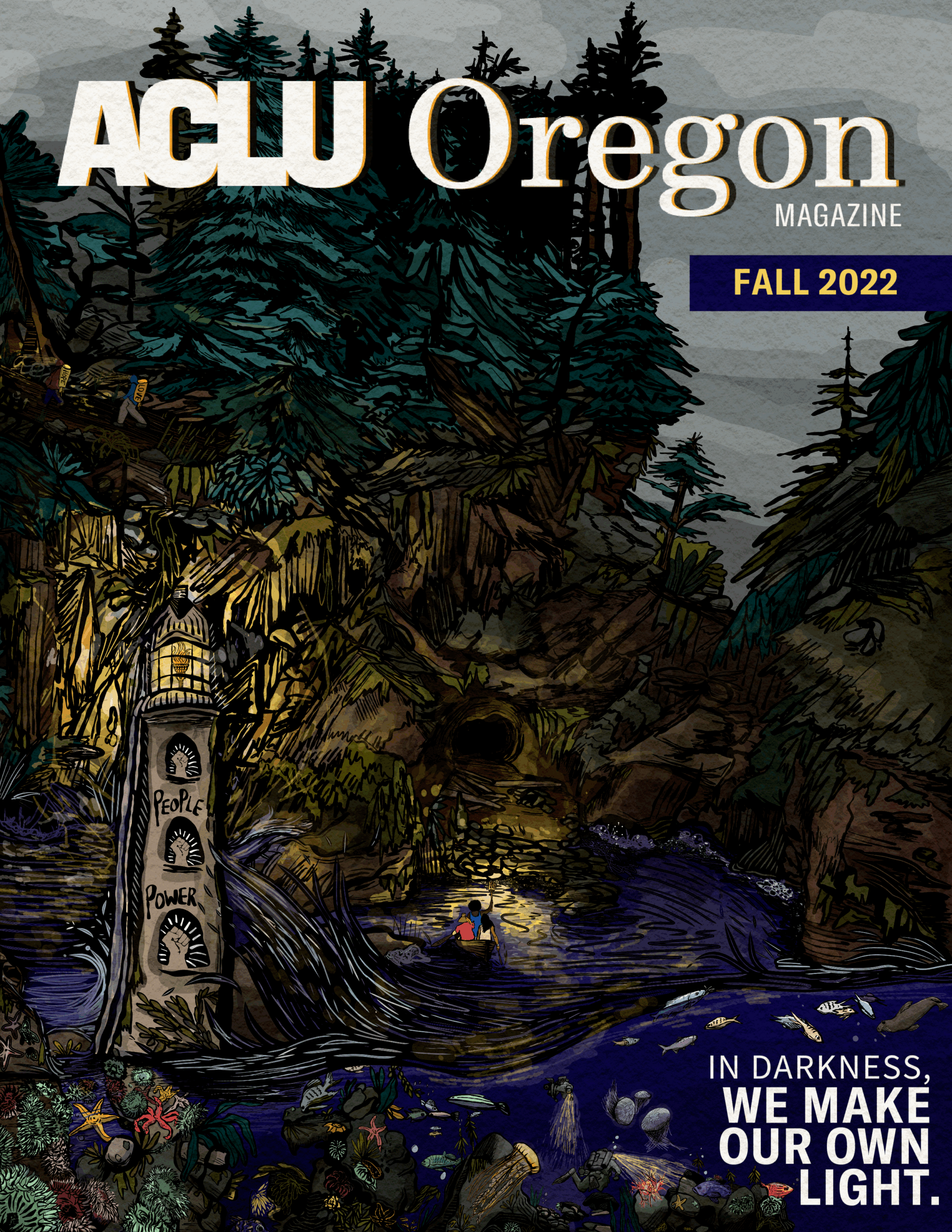 illustrated cover of ACLU Oregon's fall 2022 magazine, entitled "In darkness, we make our own light"