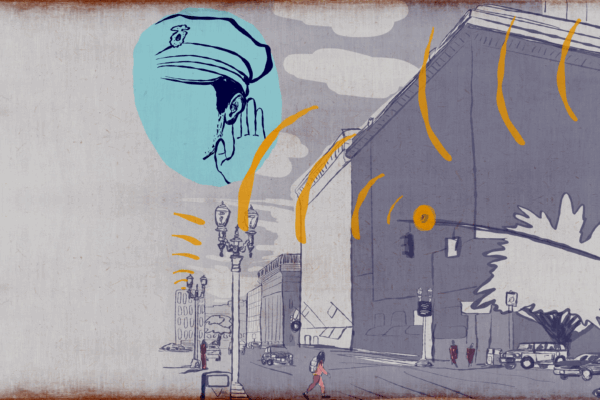 illustrated image of a downtown city with microphones surveilling the sounds from the streets -- the outline of a police officer has his hand to his ear, listening to the transmissions