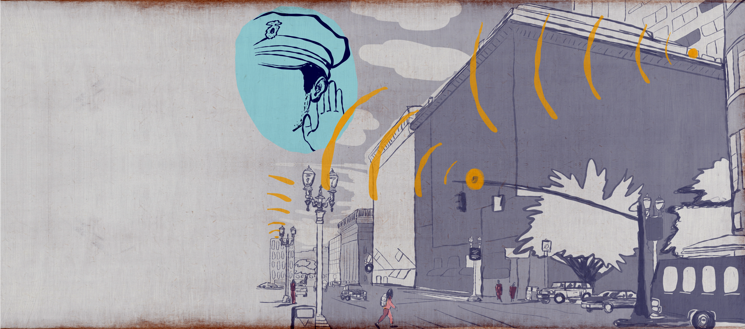 illustrated image of a downtown city with microphones surveilling the sounds from the streets -- the outline of a police officer has his hand to his ear, listening to the transmissions