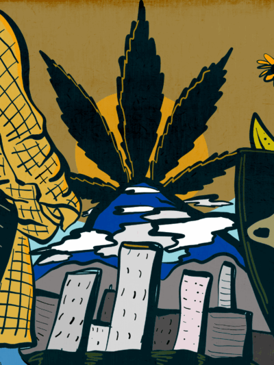 illustration of two people in fall attire facing each other and talking with Portland in the background, Mt. Hood in front of a cannabis leaf. The two people have tote bags over their shoulders with fresh veggies, one with Nectar logo the other with ACLU