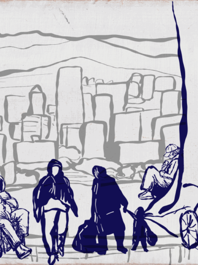 Illustration of diverse houseless people outdoors with the Portland city outline behind them