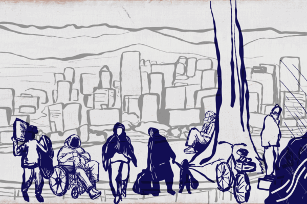 Illustration of diverse houseless people outdoors with the Portland city outline behind them