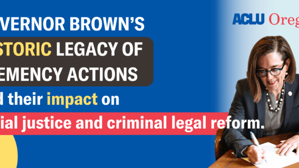 Governor Brown's Historic Legacy of Clemency Actions and their impact on racial justice and criminal legal reform, with image of Gov. Brown signing a paper