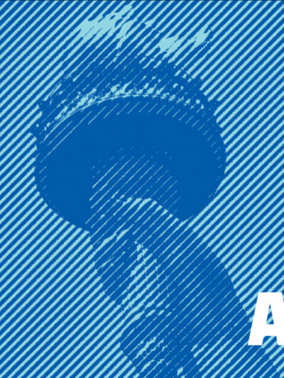 ACLU logo and Statue of Liberty torch in blue overlay